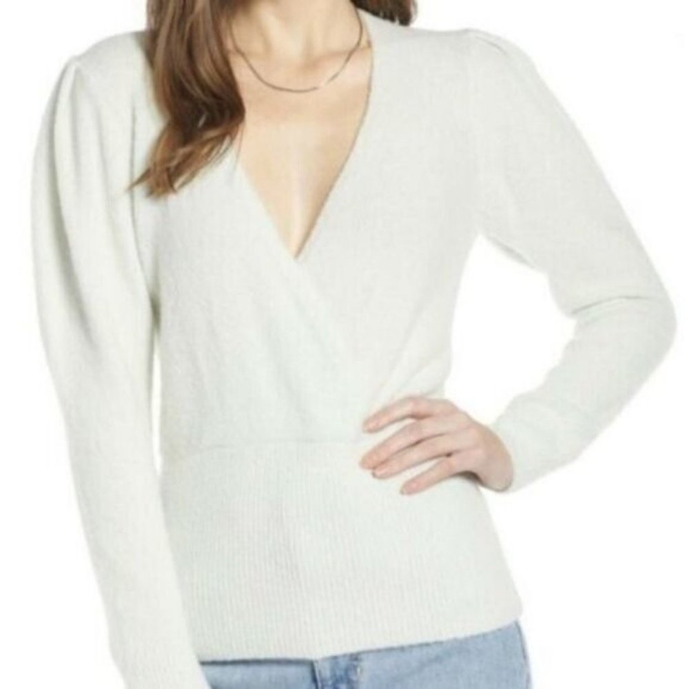 Something Navy Wrap Style Alpaca Blend Sweater with Puff Sleeves in Mint Green
